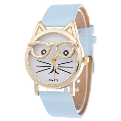 Reloj de dibujos animados con gafas, reloj con cinturón de gato para estudiantes, reloj de cuarzo para mujer, reloj de regalo