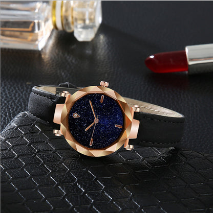 Reloj de mujer sencillo con esfera de cielo estrellado y cinturón de moda