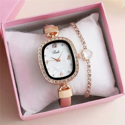 Conjunto de pulsera y reloj de cuarzo para mujer con diamantes de imitación y cinturón de moda