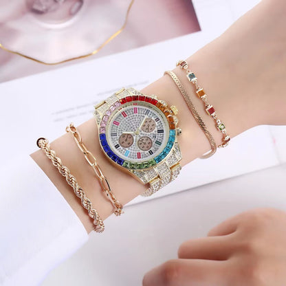 Reloj de pulsera de acero con calendario único y diamantes para mujer