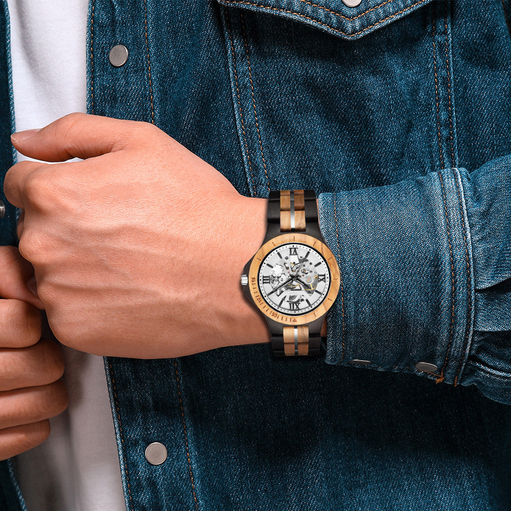 Reloj mecánico automático para hombre de madera pura hecho a mano