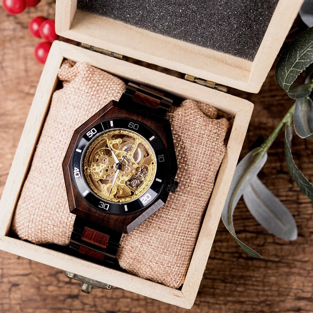 Reloj mecánico automático de madera para hombre.