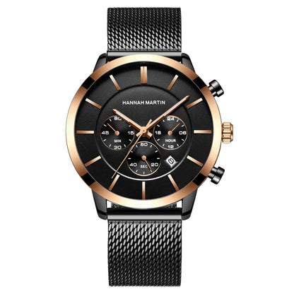 Men's Multi-functional Business Casual Calendar Quartz Watch Woven Steel Chain Gold Luminous Small Three-pin Watch