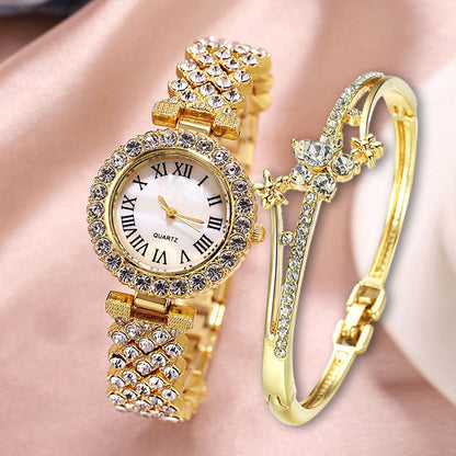 Reloj de cuarzo con diamantes de lujo y moda, pulsera de diamantes de doble capa, 2 piezas