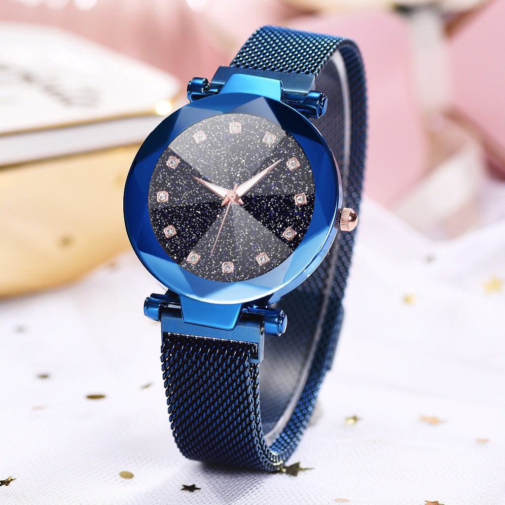 Reloj de mujer con diamantes de imitación cuadrados y esfera de cielo estrellado, conjunto de reloj de pulsera informal de moda para mujer