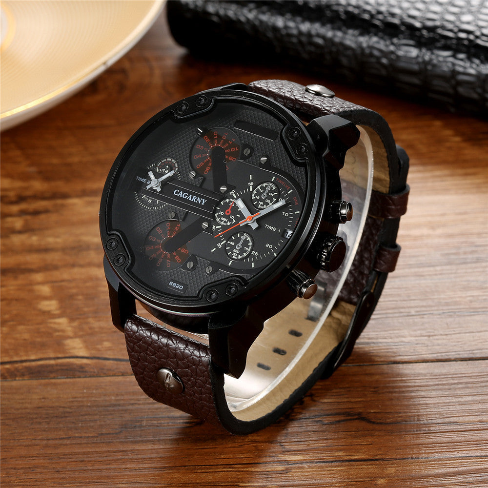 Reloj de cuarzo para hombre, doble zona horaria, esfera grande, carcasa de piel negra