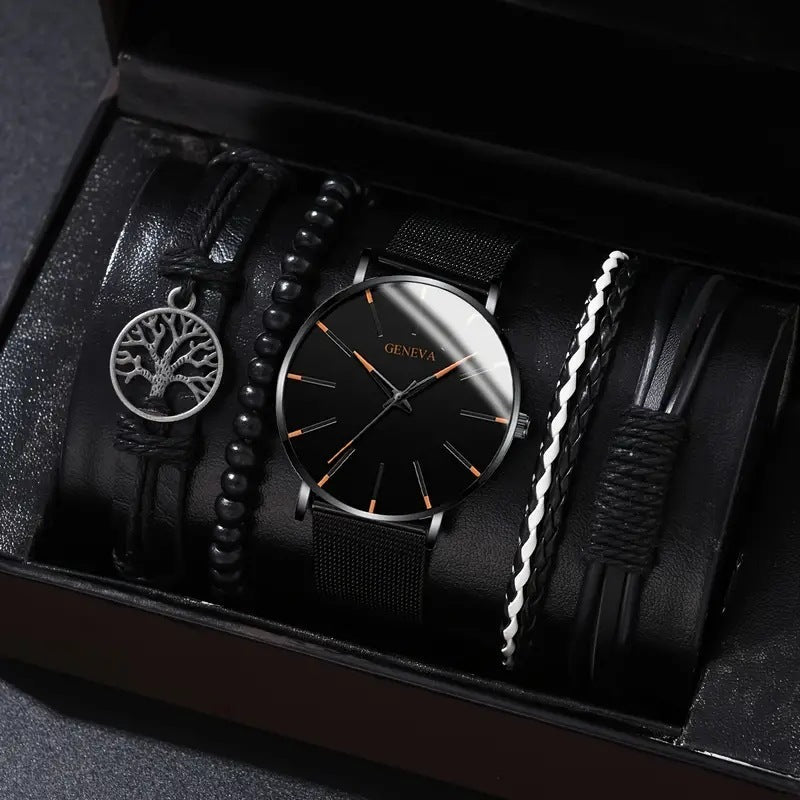 Men's Fashion Simple Quartz Watch All-match Beaded Bracelet