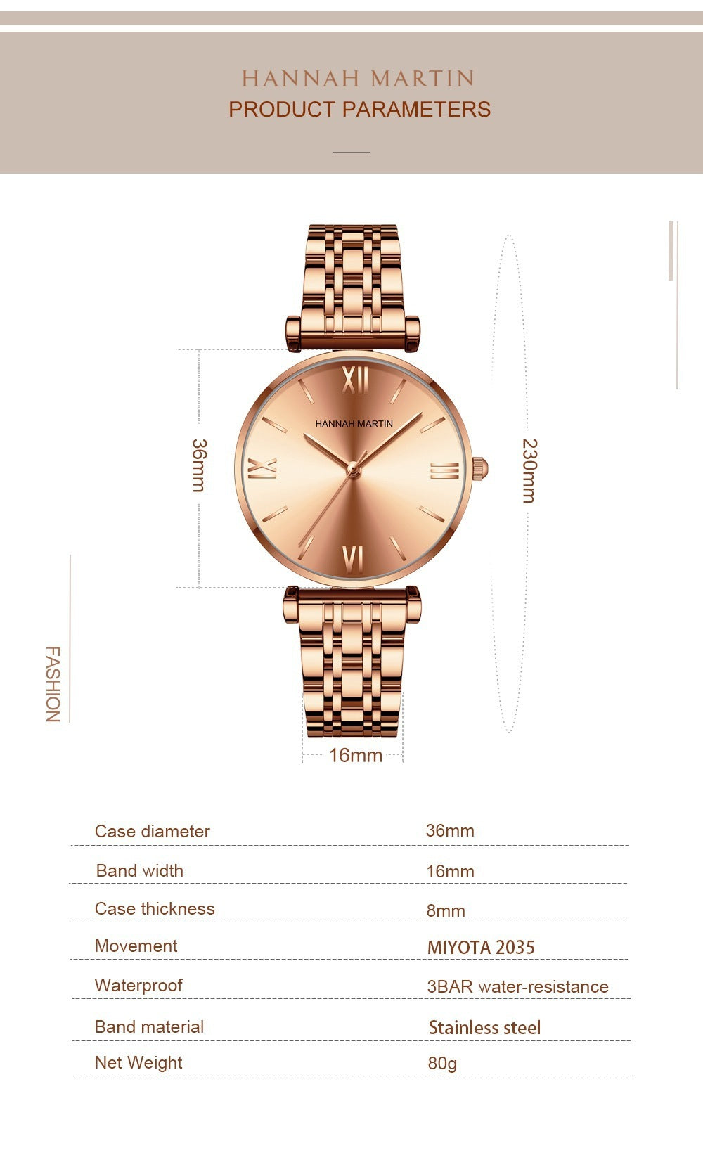 Reloj con correa de acero inoxidable macizo para mujer