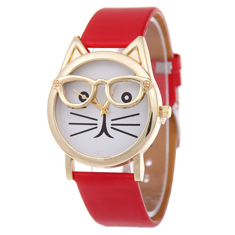 Reloj de dibujos animados con gafas, reloj con cinturón de gato para estudiantes, reloj de cuarzo para mujer, reloj de regalo