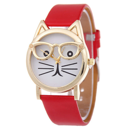 Reloj de dibujos animados con gafas, reloj con cinturón de gato para estudiantes, reloj de cuarzo para mujer, reloj de regalo