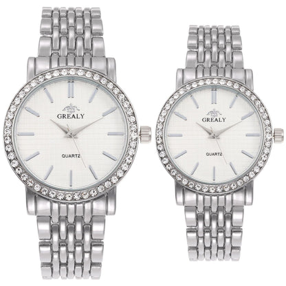 Reloj de cuarzo casual sencillo para hombre y mujer con correa de acero y diamantes
