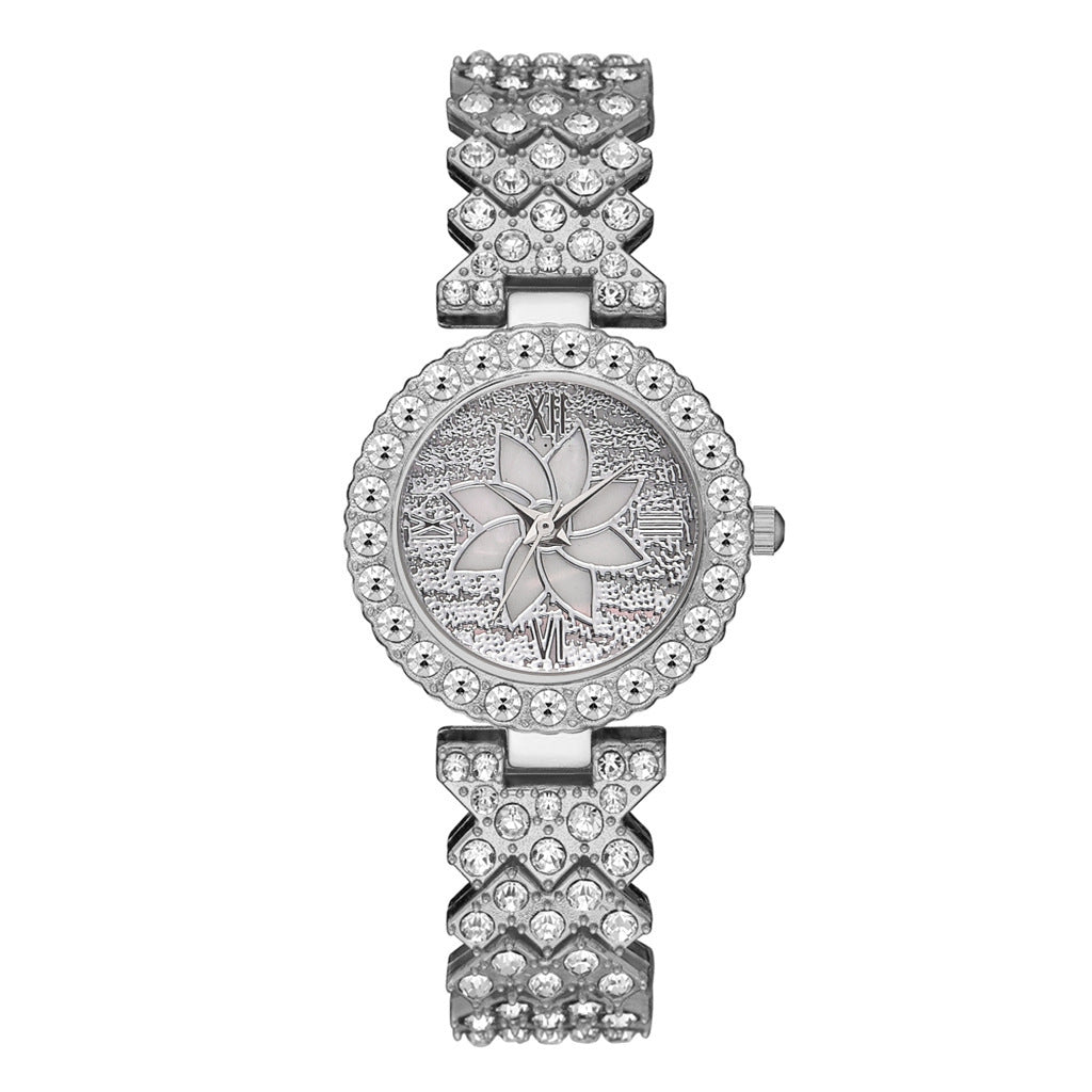 Reloj de pulsera con disco de flores y cielo estrellado con incrustaciones de diamantes para mujer