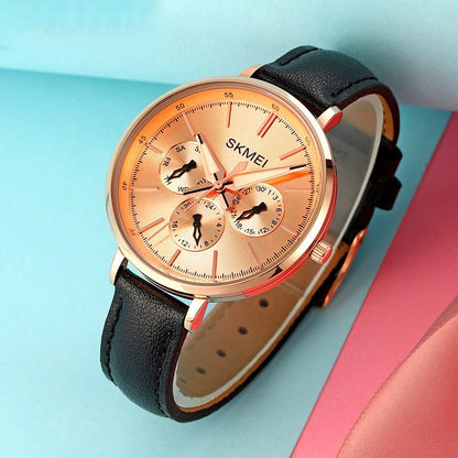 Reloj de cuarzo redondo retro para mujer de cuero genuino de seis pines a la moda