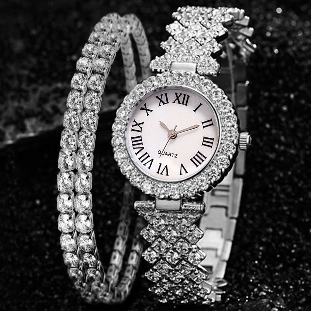 Reloj de cuarzo con diamantes de lujo y moda, pulsera de diamantes de doble capa, 2 piezas