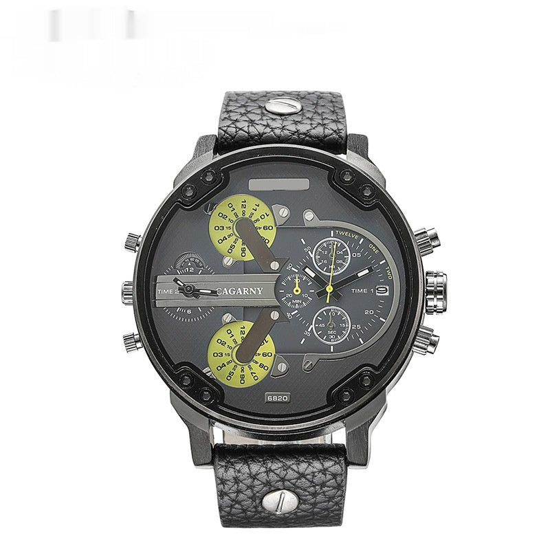 Reloj de cuarzo para hombre, doble zona horaria, esfera grande, carcasa de piel negra