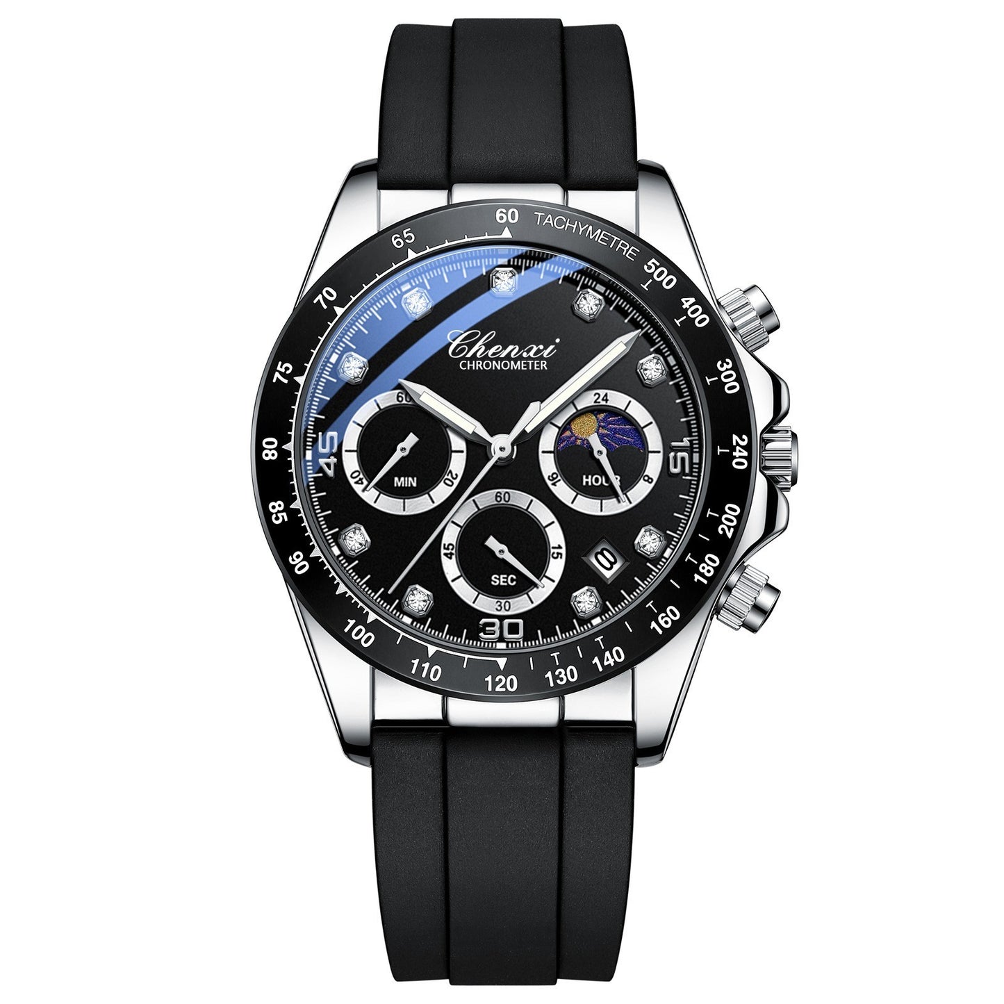 Reloj de pulsera de silicona multifuncional para hombre con tres ojos y seis agujas