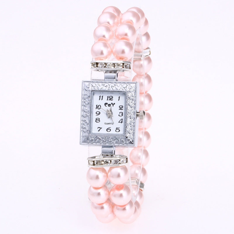 Reloj de pulsera con perlas de cristal artificial rectangular para mujer