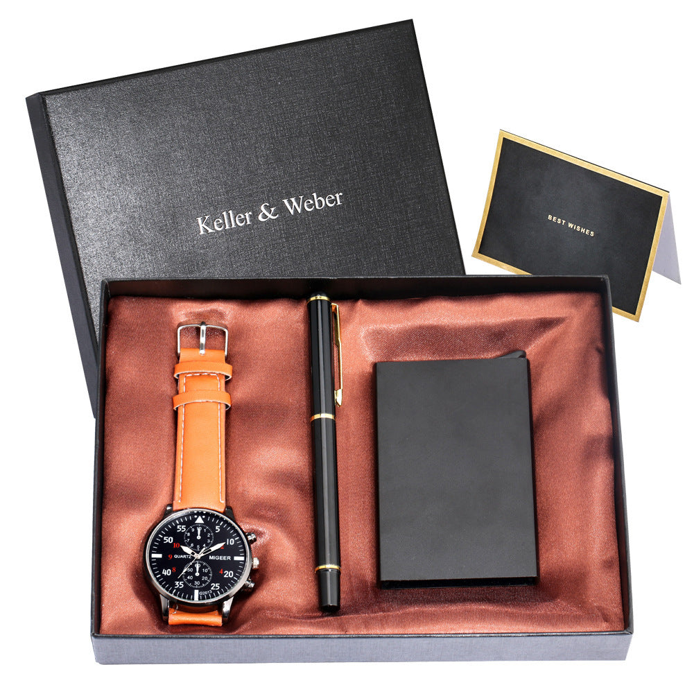 Estuche para tarjetas de crédito, reloj de cuarzo y bolígrafo de gel para hombre, caja de regalo de moda